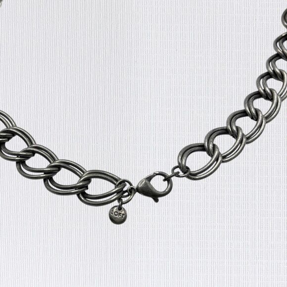 LOFT Chunky Rhinestone Statement Necklace Silver Tone Chain Ribbon Cord Braided - Picture 8 of 9